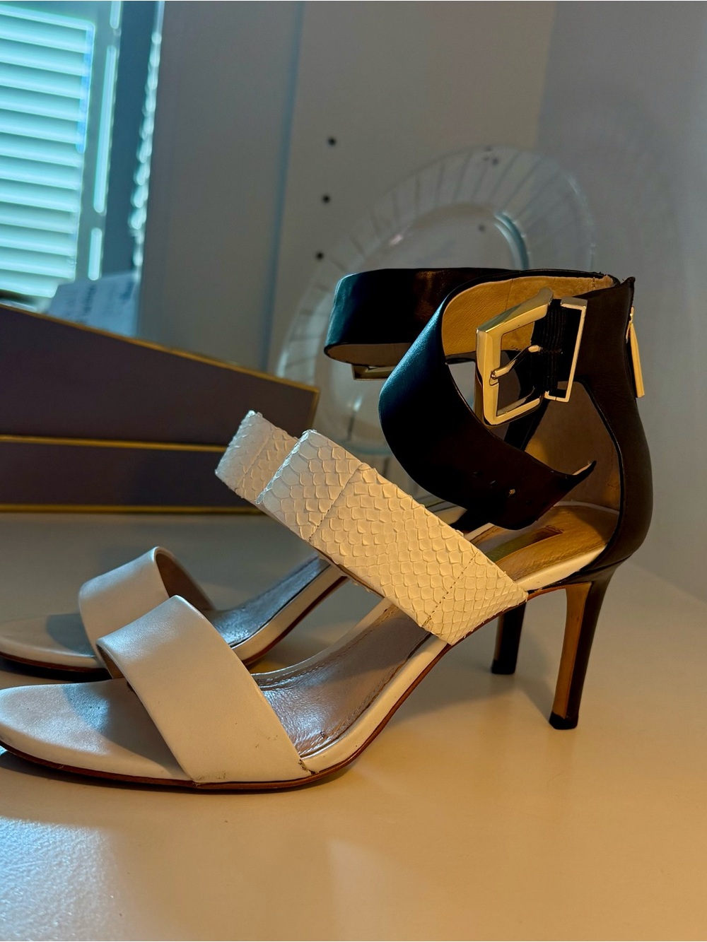 Louise et Cie White, Black and Cream Textured-Strap Stiletto Sandals